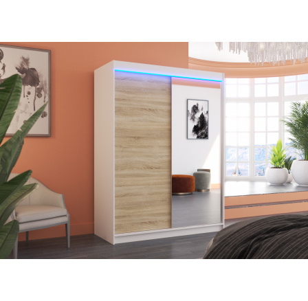 Posuvná skříň se zrcadlem a LED osvětlením JORDI 150 Bílá+Sonoma