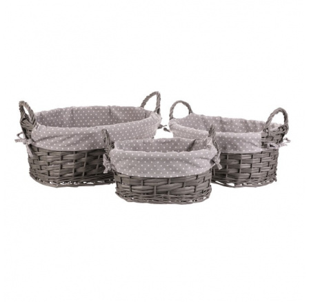 Koš proutěný - oválný, s látkou, šedý, cena za sadu 3 ks