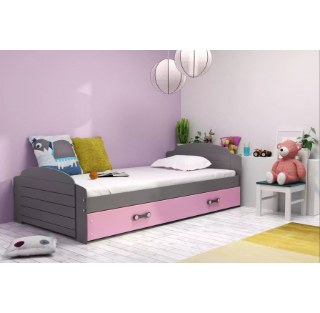 Dětská postel LILI 90x200 cm se šuplíkem, s matrací, Grafit/Růžová
