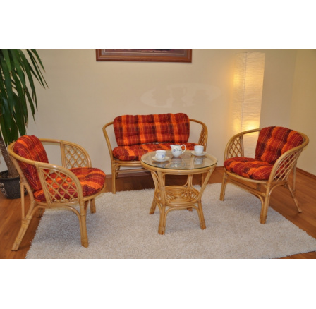 Ratanová sedací souprava Bahama medová velká polstry oranžová kostka Ratanová sedací souprava Bahama medová velká polstry oranžová kostka