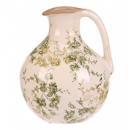 Váza keramická - džbánek, retro, zelené květy, vel. L