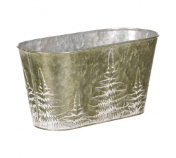 Truhlík z kovu na květiny, v  zelené barvě s kapradím.