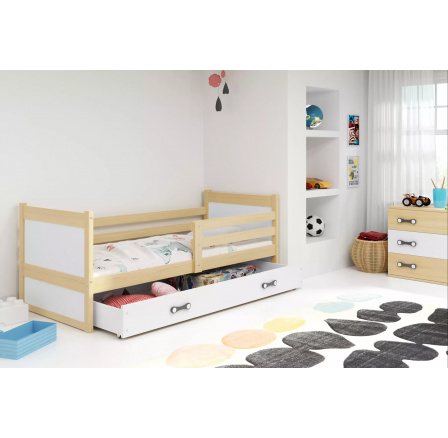 Dětská postel RICO 90x200 cm se šuplíkem, bez matrace, Přírodní/Bílá