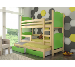 Dětská patrová postel LETICIA s výsuvem a se šuplíky, včetně matrací, Přírodní/Zelená
