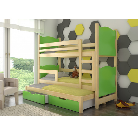 Dětská patrová postel LETICIA s výsuvem a se šuplíky, včetně matrací, Přírodní/Zelená