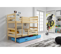 Dětská patrová postel ERYK se šuplíkem 80x160 cm, včetně matrací, Přírodní/Modrá