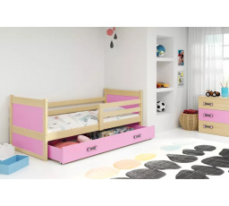 Dětská postel RICO 90x200 cm se šuplíkem, s matrací, Přírodní/Růžová