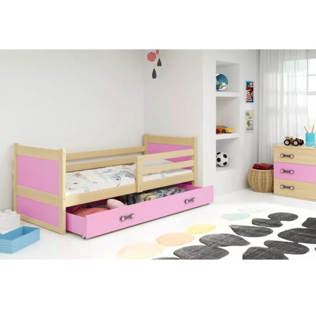 Dětská postel RICO 90x200 cm se šuplíkem, s matrací, Přírodní/Růžová