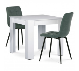 Jídelní set 1+2, stůl 80x80 cm, bílá MDF, židle zelená látka, černý lak