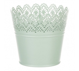 Obal kovový, krajkový okraj, zelená barva.