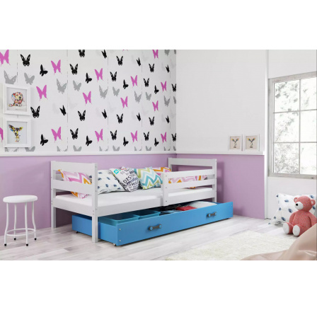 Dětská postel ERYK 90x200 cm se šuplíkem, s matrací, Bílá/Modrá