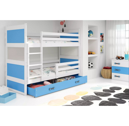 Dětská patrová postel RICO se šuplíkem 90x200 cm, bez matrací, Bílá/Modrá