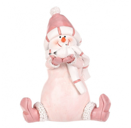 Sněhulák - polyresiová figurka, sedící, růžový obleček a čepka