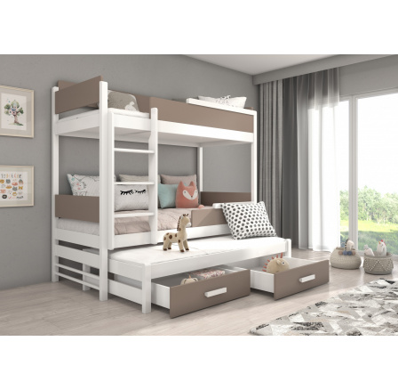 Třílůžková patrová postel s matracemi QUEEN 180x80 Bílá+Lanýž