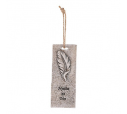Cedulka pietní - polyresin, pírko a nápis, šedá
