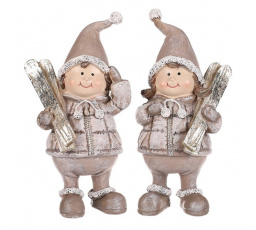 Děti s lyžemi - polyresin, hnědá čepice, mix 2, cena za 1 ks