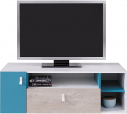 Televizní stolek PLANET- PL10, bílý lux+dub+modrá