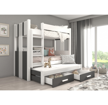 Patrová postel 3 místná ARTEMA 200x90 Bílá+Antrakitová s matracemi