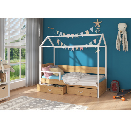 Dětská postel Domek OTELLO 180x80 cm se zábranou, bez matrace, Bílá/Artisan
