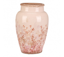 Váza keramická - zaoblená, retro, růžové květy, vel. L