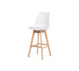 Barová židle, bílá plast+ekokůže, nohy masiv buk