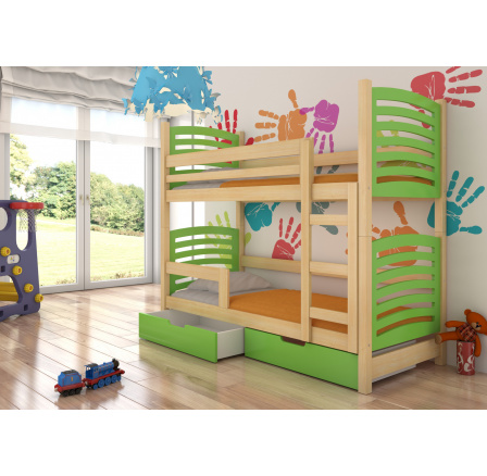 Dvoulůžková patrová postel s matracemi OSUNA Pine+Green