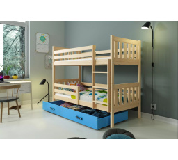 Dětská patrová postel CARINO se šuplíkem 80x160 cm, včetně matrací, Přírodní/Modrá