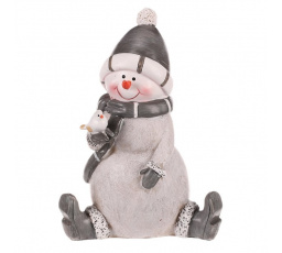 Sněhulák - polyresiová figurka, sedící, šedý obleček a čepka