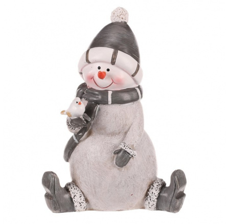 Sněhulák - polyresiová figurka, sedící, šedý obleček a čepka