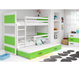 Dětská patrová postel RICO 3 s přistýlkou 90x200 cm, bez matrací, Bílá/Zelená