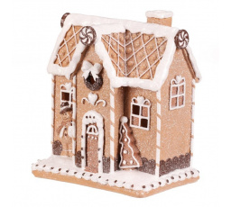 Domeček perníkový s panáčkem - polyresin, LED osvětl., hnědo-bílý