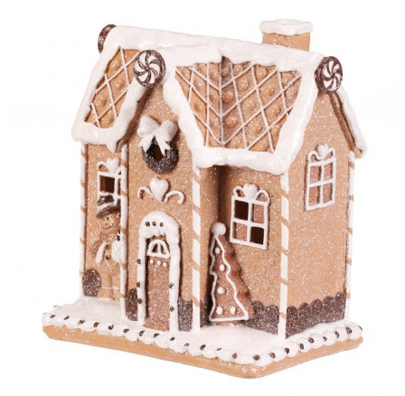 Domeček perníkový s panáčkem - polyresin, LED osvětl., hnědo-bílý Domeček perníkový s panáčkem - polyresin, LED osvětl., hnědo-bílý