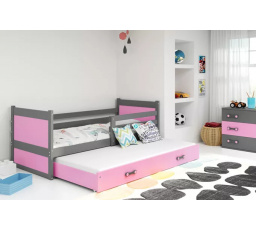 Dětská postel RICO s přistýlkou 90x200 cm, s matracemi, Grafit/Růžová