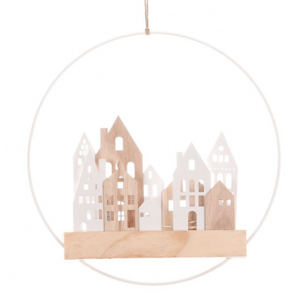 Domečky v kruhu na pověšení - LED osvětlení, kov a dřevo, bílé