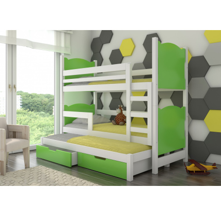 Dětská patrová postel LETICIA s výsuvem a se šuplíky, včetně matrací, Bílá/Zelená