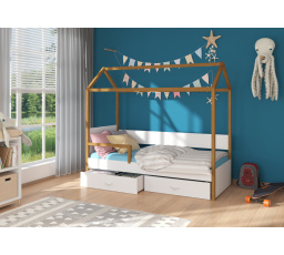 Dětská postel Domek OTELLO 180x80 cm se zábranou, s matrací, 180x80, Dub/Bílá