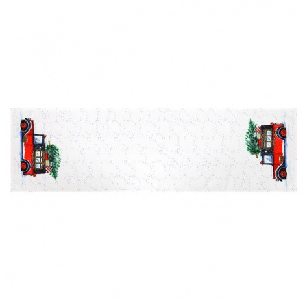 Běhoun bílý - okraje s vánočním autem, 100% polyester, 40 x 150 cm
