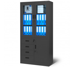Kancelářská prosklená kovová skříň na dokumenty se zásuvkami WIOLA, 900 x 1850 x 400 mm, antracitová