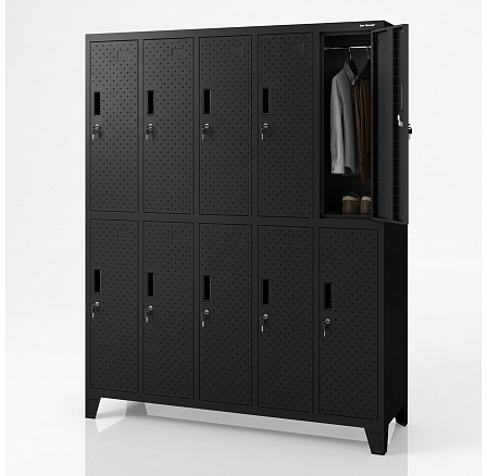 Šatní bezpečnostní skříň, schránková, perforovaná, 10 schránek, černá, 1360x1720x450 mm: BARTEK PRO Šatní bezpečnostní skříň, schránková, perforovaná, 10 schránek, černá, 1360x1720x450 mm: BARTEK PRO