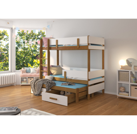 Třílůžková patrová postel s matracemi ETAPO 200x90 Dub+Bílá