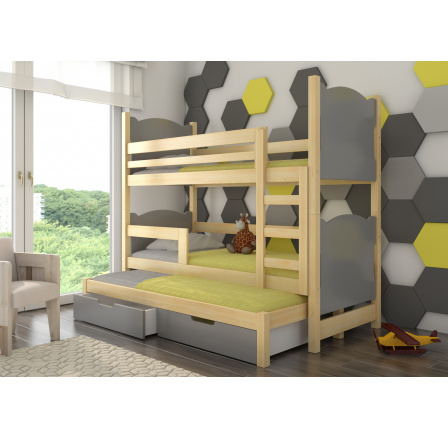 Třílůžková patrová postel s matracemi LETICIA Pine+Gray