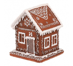 Domeček perníkový - polyresin, LED osvětl., hnědý s bílým zdobením