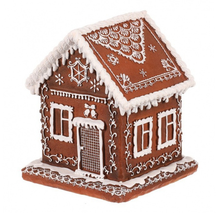 Domeček perníkový - polyresin, LED osvětl., hnědý s bílým zdobením Domeček perníkový - polyresin, LED osvětl., hnědý s bílým zdobením
