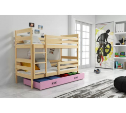 Dětská patrová postel ERYK se šuplíkem 90x200 cm, včetně matrací, Přírodní/Růžová