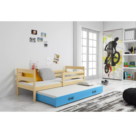 Dětská postel ERYK s přistýlkou 90x200 cm, bez matrací, Přírodní/Modrá