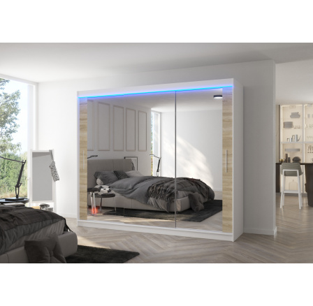 Šatní skříň CHESTER 250, Bílá/Sonoma + LED osvětlení