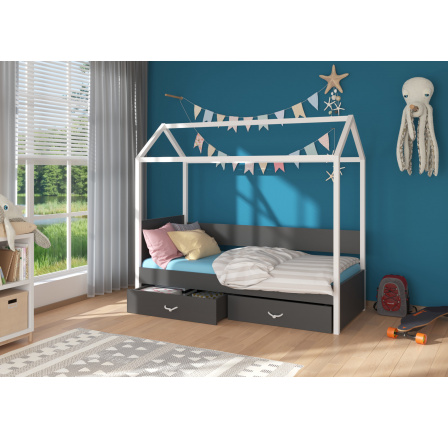 Dětská postel Domek OTELLO 180x80 cm, bez matrace, Bílá/Antracit