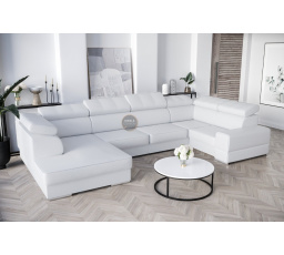 Rohová Kožená sedací souprava s funkcí spaní ROYAL MAX I 210x375x185 - Pravá strana, Bílá kůže