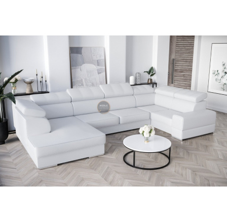 Rohová Kožená sedací souprava s funkcí spaní ROYAL MAX I 210x375x185 - Pravá strana, Bílá kůže Rohová Kožená sedací souprava s funkcí spaní ROYAL MAX I 210x375x185 - Pravá strana, Bílá kůže