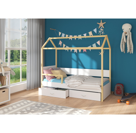 Dětská postel Domek OTELLO 180x80 cm se zábranou, bez matrace, Přírodní/Bílá